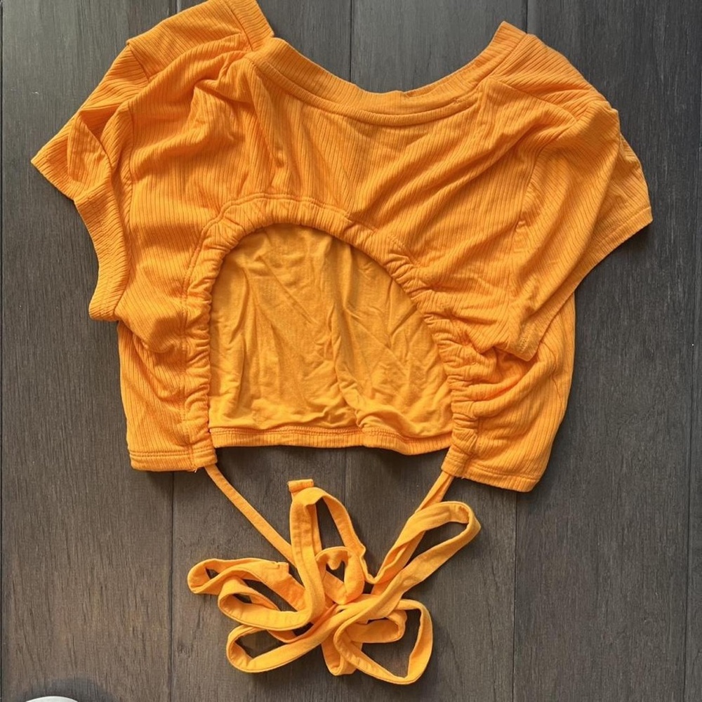 Women's Golden Orange Ribbed Crewneck Tie-Back Sweater